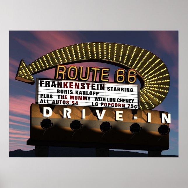 Route 66 Poster för in- Retro Neon (Framsidan)