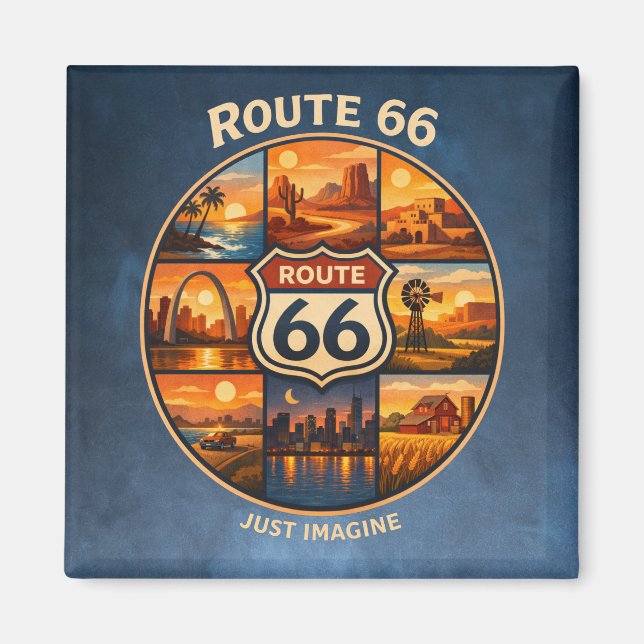 Route 66 Retro Resemålningar Kollage Konst Magnet (Framsidan)