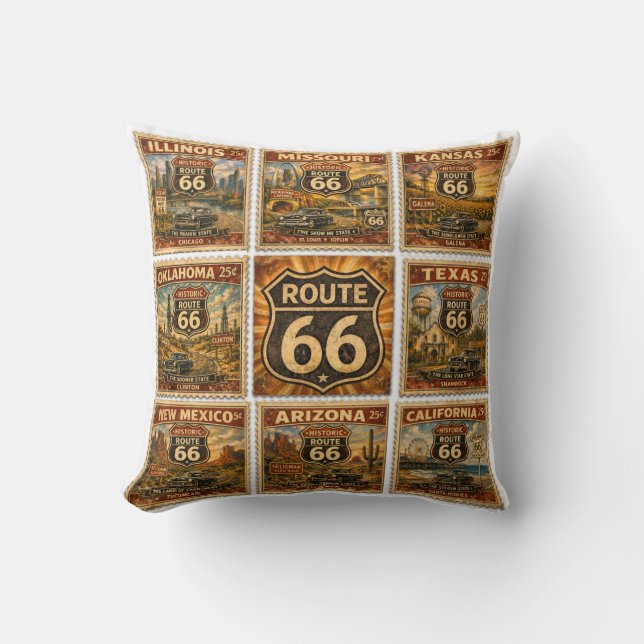 Route 66 Roadside Americana Frimärkscollage Dekor Kudde (Framsida)