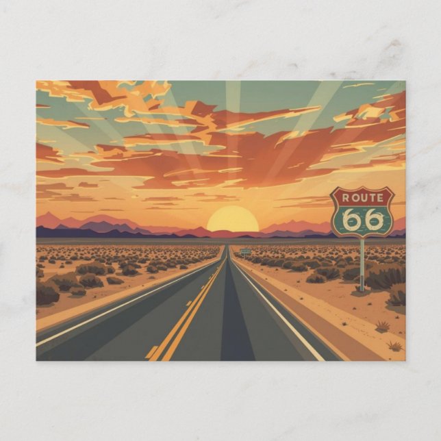 Route 66 Solnedgång Ökenväg Resa Konst Vykort (Framsida)