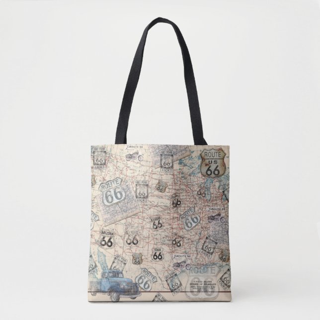 Route 66 Travel Map Tote Bag Tygkasse (Framsida)