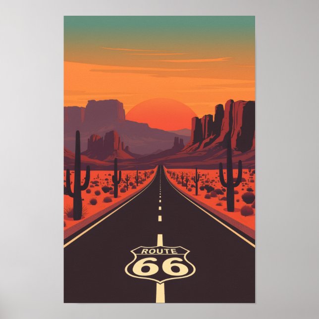 Route 66 USA Vintage Solnedgång Öken Poster (Framsidan)