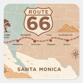 Route 66 Vintage Map with Historic Cities Fyrkantigt Klistermärke