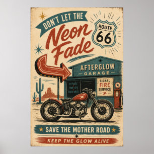 Route 66 Vintage Motorcykel Neon Americana Konst Poster
