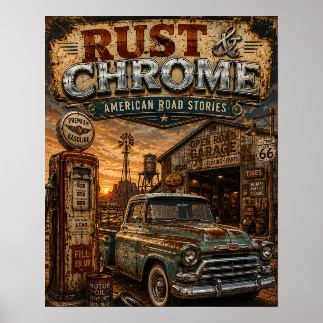 Route 66 Vintage Rost och Krom Lastbilsgarage Poster (Framsidan)