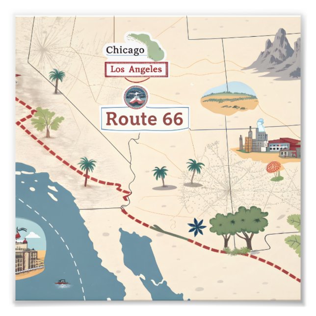 Route 66 Vintage Travel Map Illustration Fototryck (Framsidan)