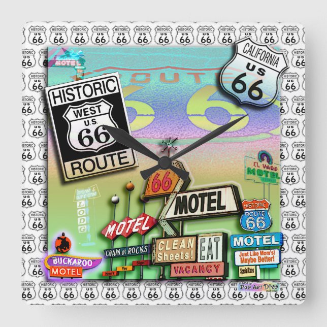 ROUTE 66 Wall CLOCK by PopArtDiva Fyrkantig Klocka (Framsida)
