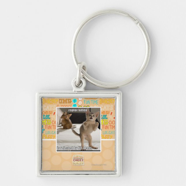 Rovfågelkattunge Fyrkantig Silverfärgad Nyckelring (Framsidan)