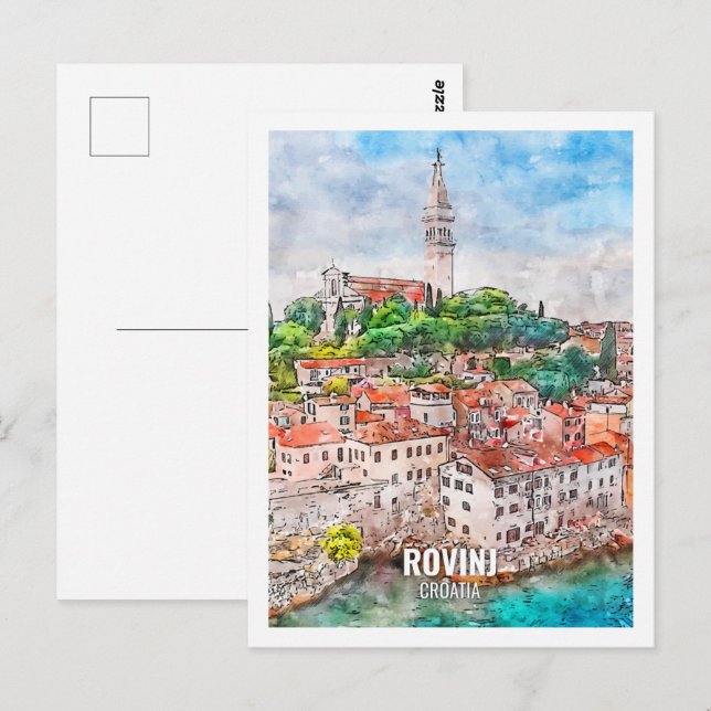 Rovinj Kroatien Berömd Travel Ställe Watercolor Vykort (Fram/baksida)