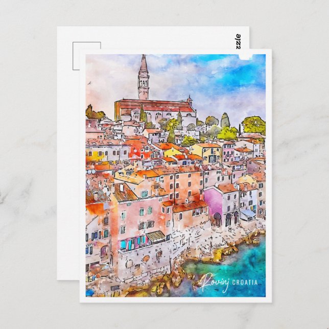 Rovinj Kroatien Travel Ställe Watercolor Vykort (Fram/baksida)