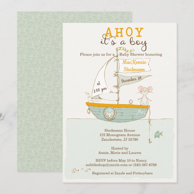 Row Boat Baby Shower-inbjudan till en pojke Inbjudningar (Fram/baksida)