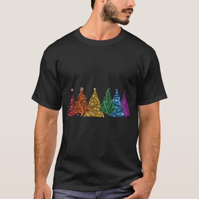 Row of Si LGBTQ Pride Rainbow Christmasrees Vector T Shirt (Framsida)