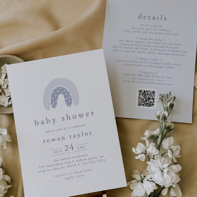 ROWAN Cute Vår Boy QR Boho Rainbow Shower Inbjudningar (ROWAN Cute Spring Boy QR Boho Rainbow Baby Shower Invitation)