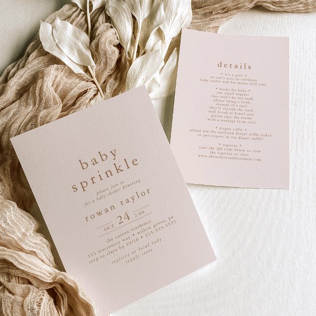 ROWAN Neutralt Rosa Guld Boho Simple Baby Sprinkle Inbjudningar (ROWAN Neutral Pink Gold Boho Simple Baby Sprinkle Invitation)