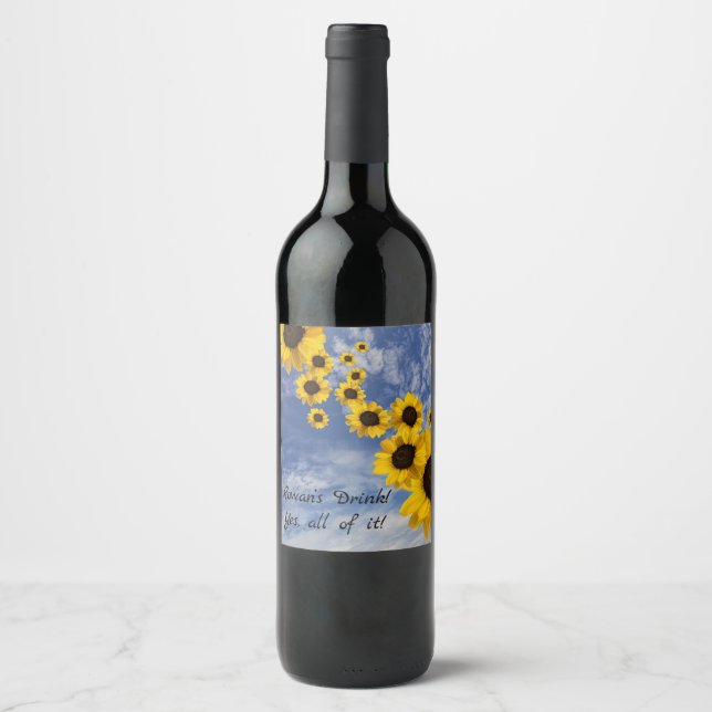 Rowans vin! Ja, allt!!  Solrosor & himmel Vinflaska Etikett (Framsida)
