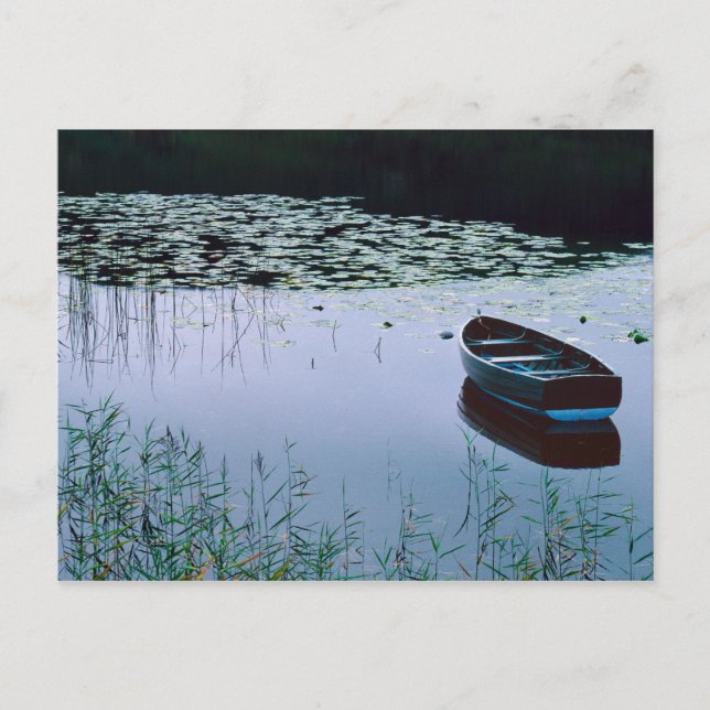 Rowboat på lilla sjö omgiven av vatten vykort (Framsida)