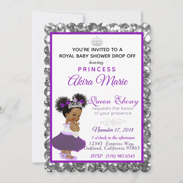 Royal African Princess Lila|Silver Glitter Finare Inbjudningar (Framsida)