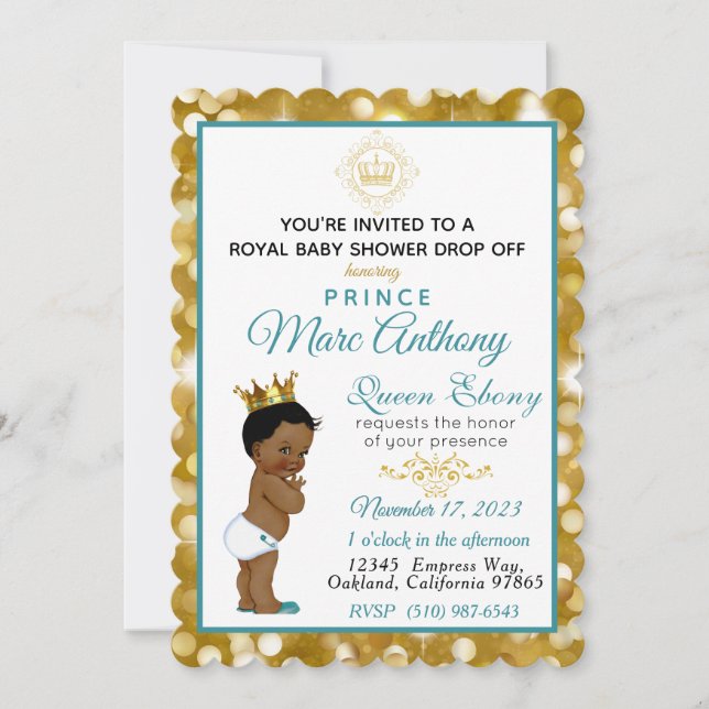 Royal Afrikansk prins Teal & Guld Glitter Finare Inbjudningar (Framsida)