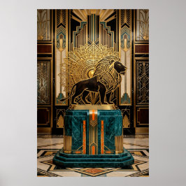 Royal Art Deco Lion Statue Gold Foil Poster