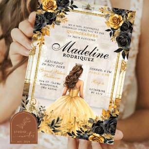 Royal Ballroom Black och Guld Quinceanera Inbjudningar