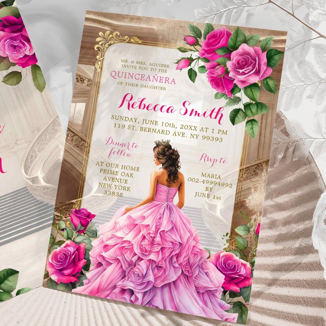 Royal Ballroom Rosa Fuschia Blommigt Quinceañera Inbjudningar (Skapare uppladdad)