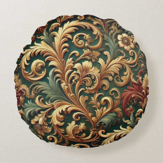 Royal Baroque-Blommönstret Rund Kudde (Framsidan)