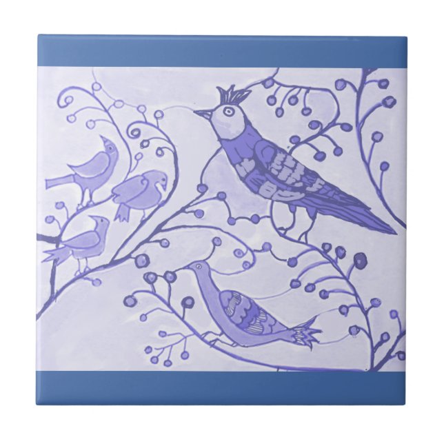 Royal Birds Delft Blue Ceramic Tile 4,25 tum Kakelplatta (Framsidan)
