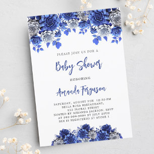 Royal Blå blommor, lyxbabydusch Inbjudningar