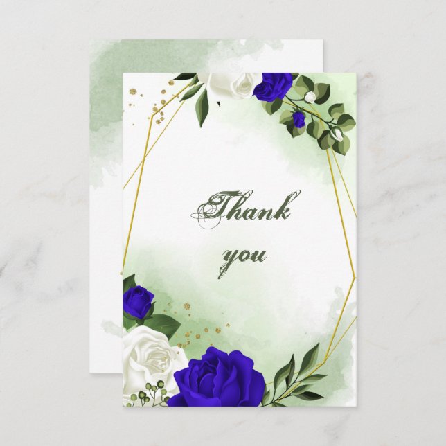 royal blå och vita blommor grön guld tack kort (Fram/baksida)