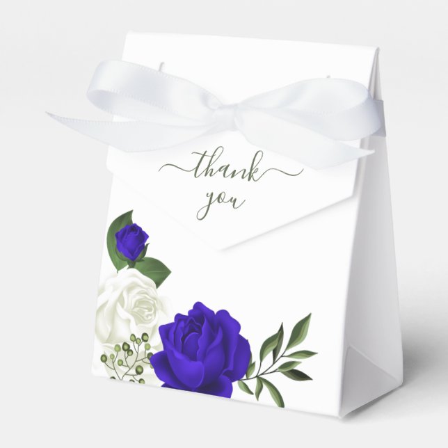 royal blå och vita blommor gröna i bröllop presentaskar (Framsidan Sidan)