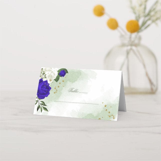 royal blå och vita blommor grönska placeringskort (Framsida)