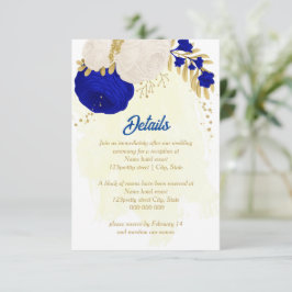 royal blå och vita blommor guld botaniska bröllop tilläggskort