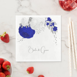 royal blå och vita blommor silver bröllop pappersservett