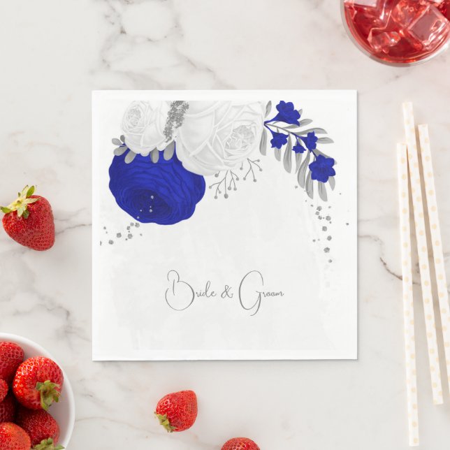 royal blå och vita blommor silver bröllop pappersservett (Insitu)