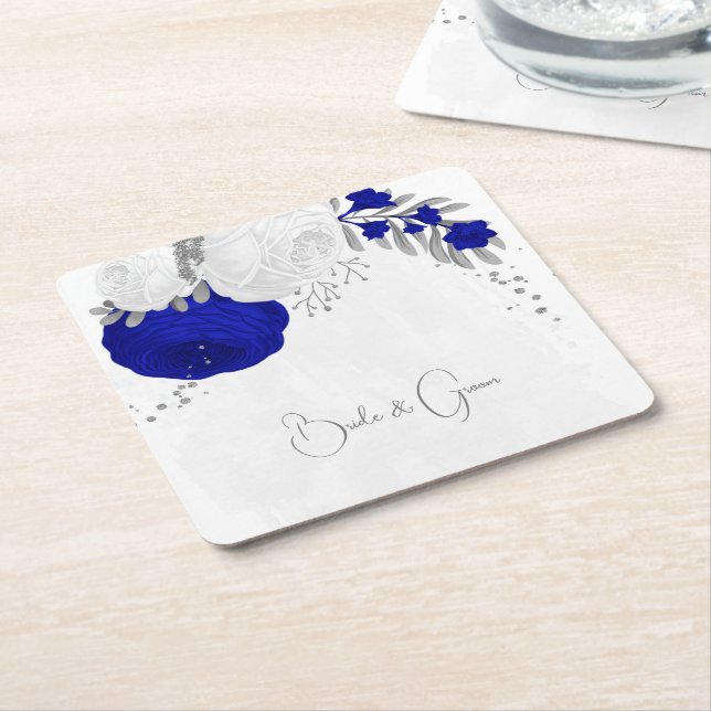 royal blå och vita blommor silver underlägg papper kvadrat (Vinklad)