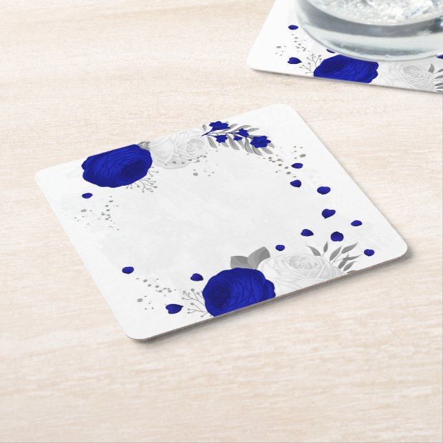 royal blå och vita blommor silver underlägg papper kvadrat (Vinklad)
