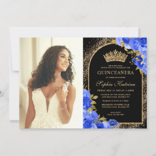 Royal Blå Svart Guld Blommig Foto Quinceanera Inbjudningar