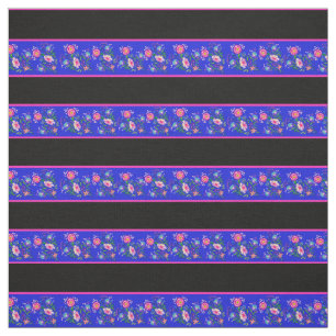 Royal blå/svart, rosa pin rand, folklig blommigt tyg