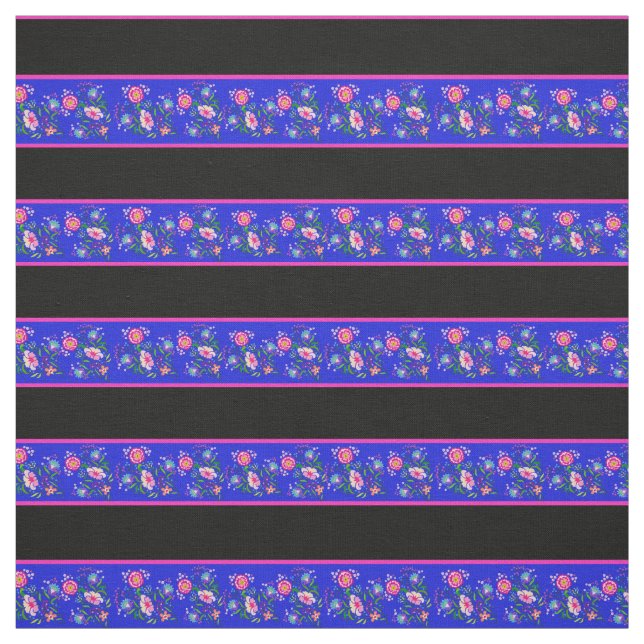 Royal blå/svart, rosa pin rand, folklig blommigt tyg (Provkarta)