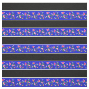 Royal blå/svart, vit rand, folklig blommigt tyg