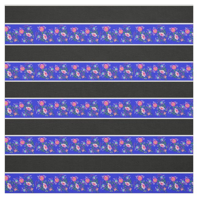 Royal blå/svart, vit rand, folklig blommigt tyg (Provkarta)