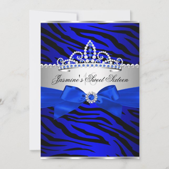 Royal Blå & Svart Zebra Sweet 16 Födelsedagsfest 2 Inbjudningar (Framsida)
