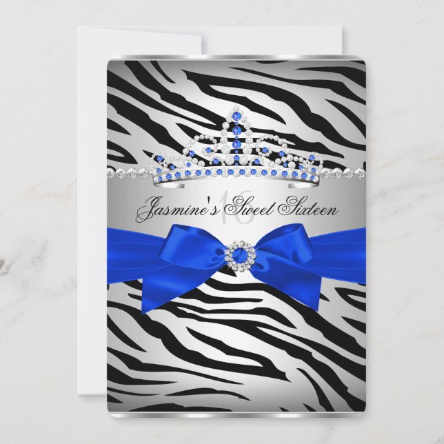 Royal Blå & Svart Zebra Sweet 16 Födelsedagsfest Inbjudningar (Framsida)