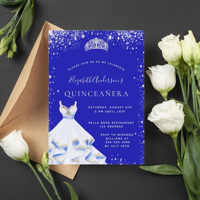 Royal blå tiara-klänningen silver glitter Quincean Inbjudningar (Skapare uppladdad)
