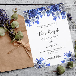 Royal blå vita blommigtar bröllop inbjudningar