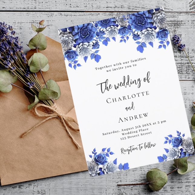 Royal blå vita blommigtar bröllop inbjudningar (Skapare uppladdad)