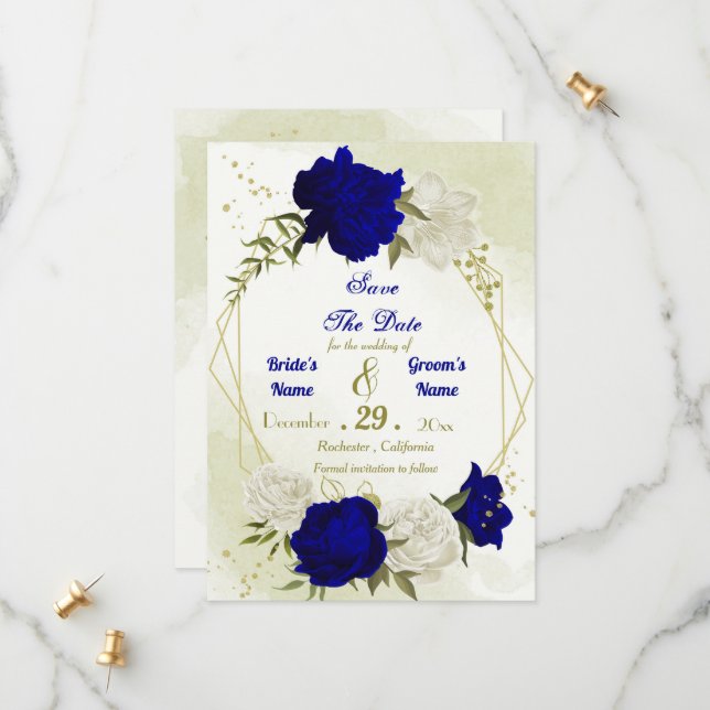 royal blå vita blommor grönt löv spara datumet (Fram/Back In Situ)