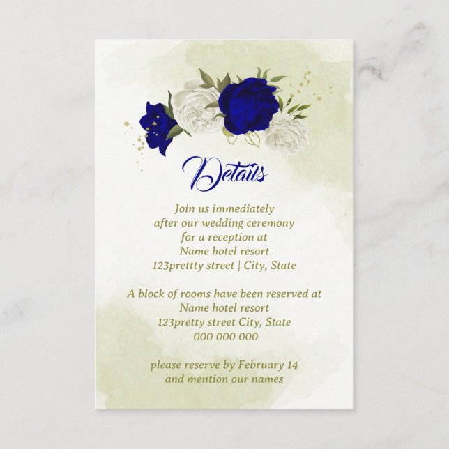 royal blå vita blommor grönt löv tilläggskort (Framsida)
