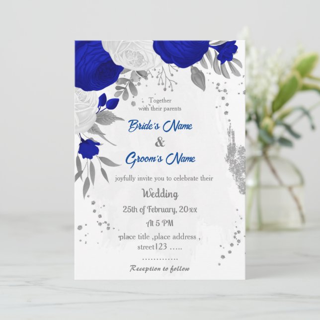 royal blå &vita blommor silver botaniska bröllop inbjudningar (Stående Fram)