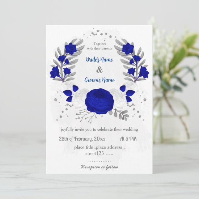 royal blå &vita blommor silver botaniska bröllop inbjudningar (Stående Fram)